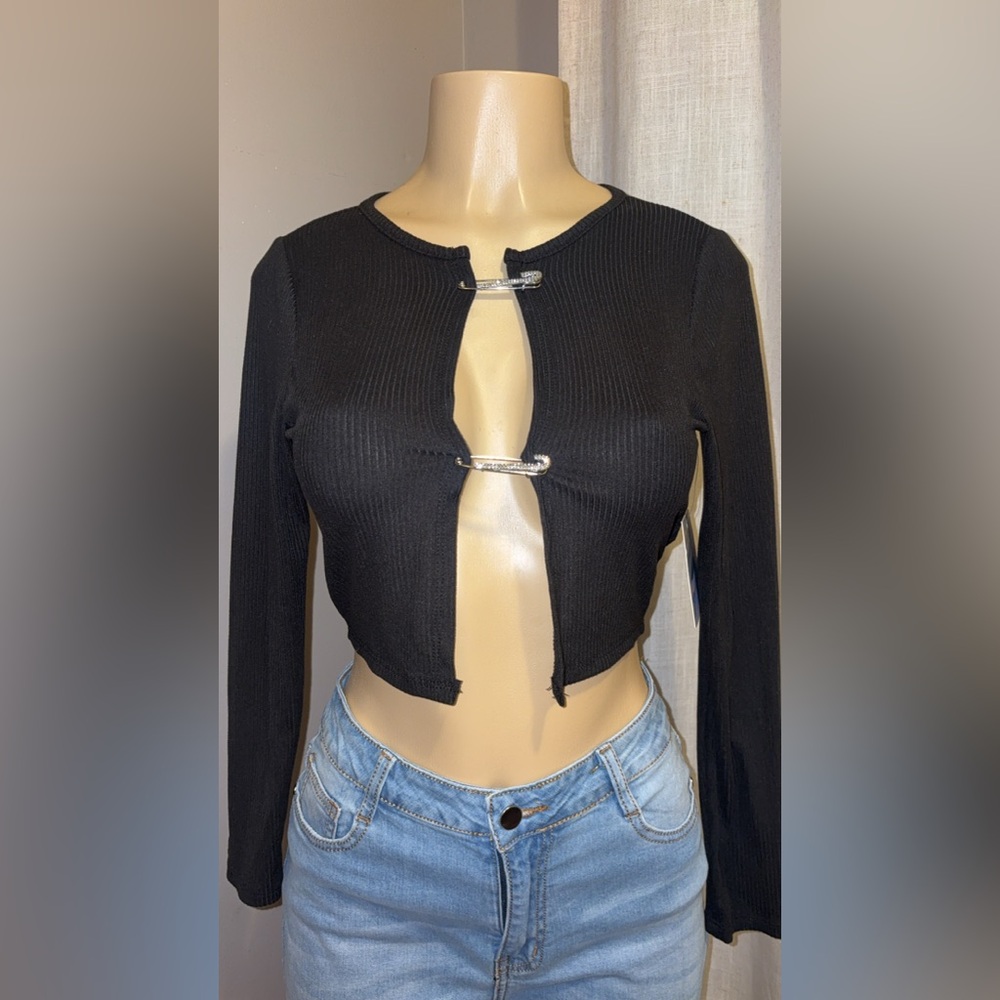Black Long Sleeve Crop Top with Cut-Out Design
